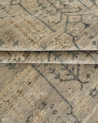 Hand Knotted Vintage Oushak Style Rug – Ivory Beige Distressed Floral Traditional Area Rug