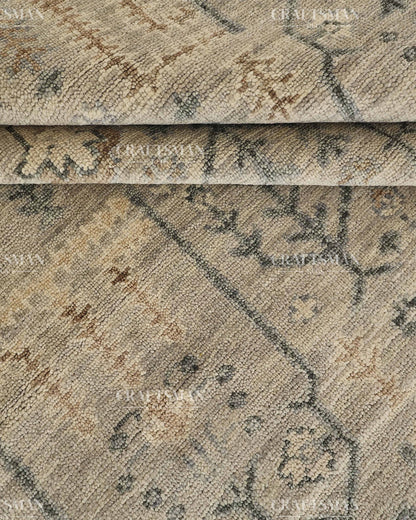 Hand Knotted Vintage Oushak Style Rug – Ivory Beige Distressed Floral Traditional Area Rug