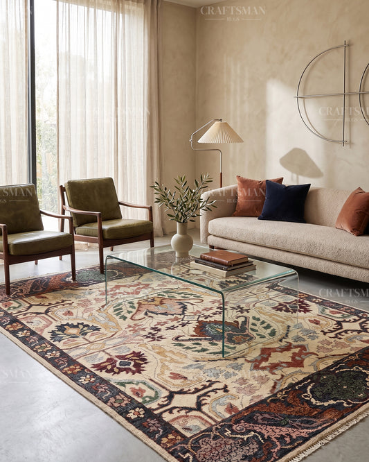 Hand Knotted Vintage Persian Style Floral Rug – Ivory Multicolor Traditional Wool Area Rug