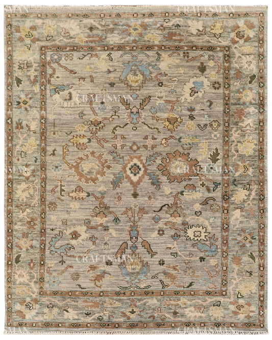 Hand Knotted Vintage Persian Oushak Style Rug – Gray Blue Multicolor Floral Wool Area Rug