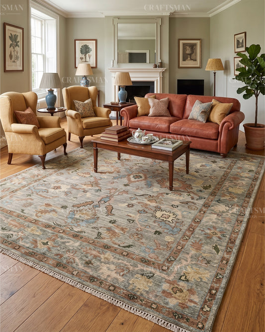 Hand Knotted Vintage Persian Oushak Style Rug – Gray Blue Multicolor Floral Wool Area Rug