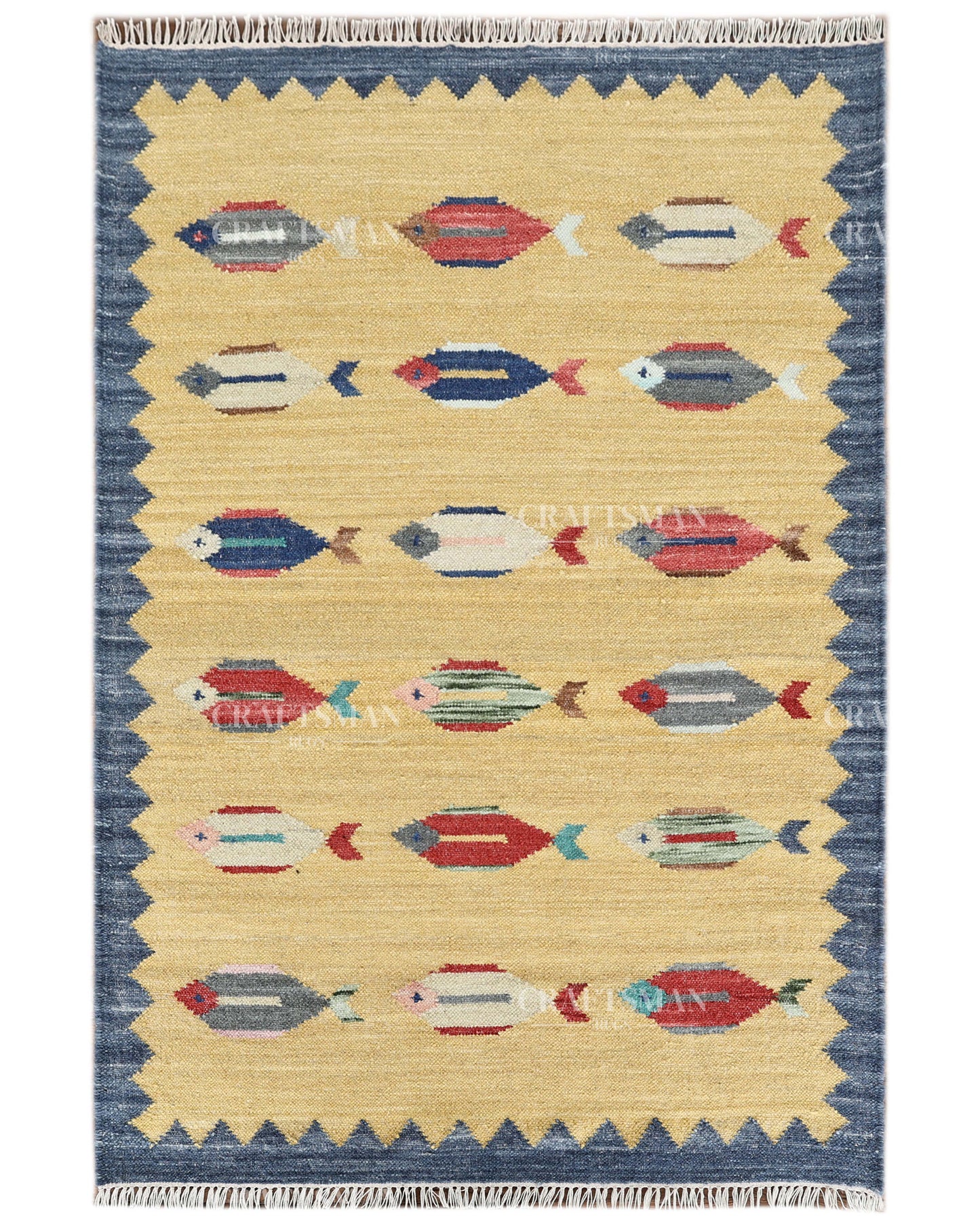 Handmade Fish Motif Flatweave Dhurrie Rug – Coastal Boho Cotton Area Rug, Tribal Kilim Style Handmade Woven Carpet for Living Room Bedroom Entryway