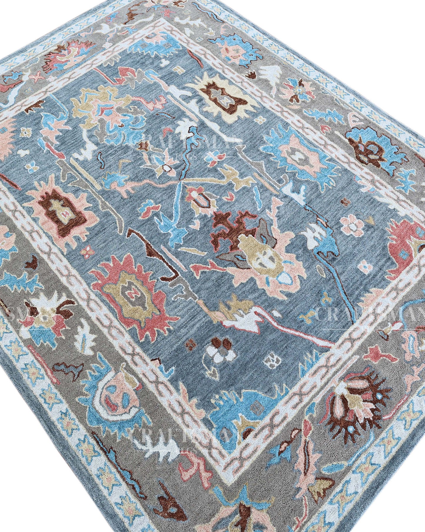 Oushak Inspired Hand Tufted Wool Rug – Slate Blue & Grey Floral Design