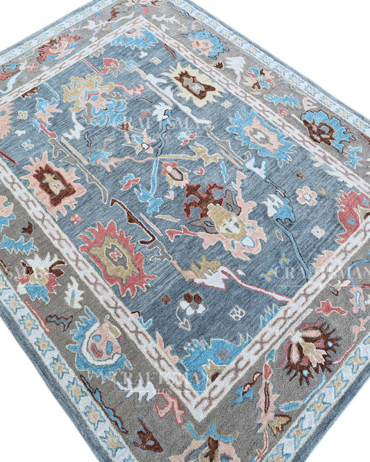 Oushak Inspired Hand Tufted Wool Rug – Slate Blue & Grey Floral Design