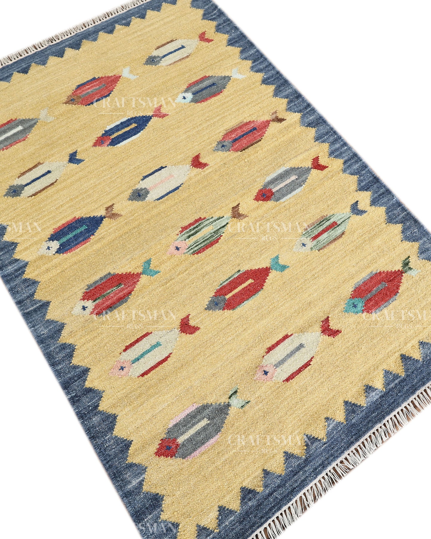 Handwoven Yellow Flatweave Dhurrie Area Rug | Handmade Wool Kilim Rug with Colorful Fish Motif | Coastal Farmhouse Boho Living Room Bedroom Carpet