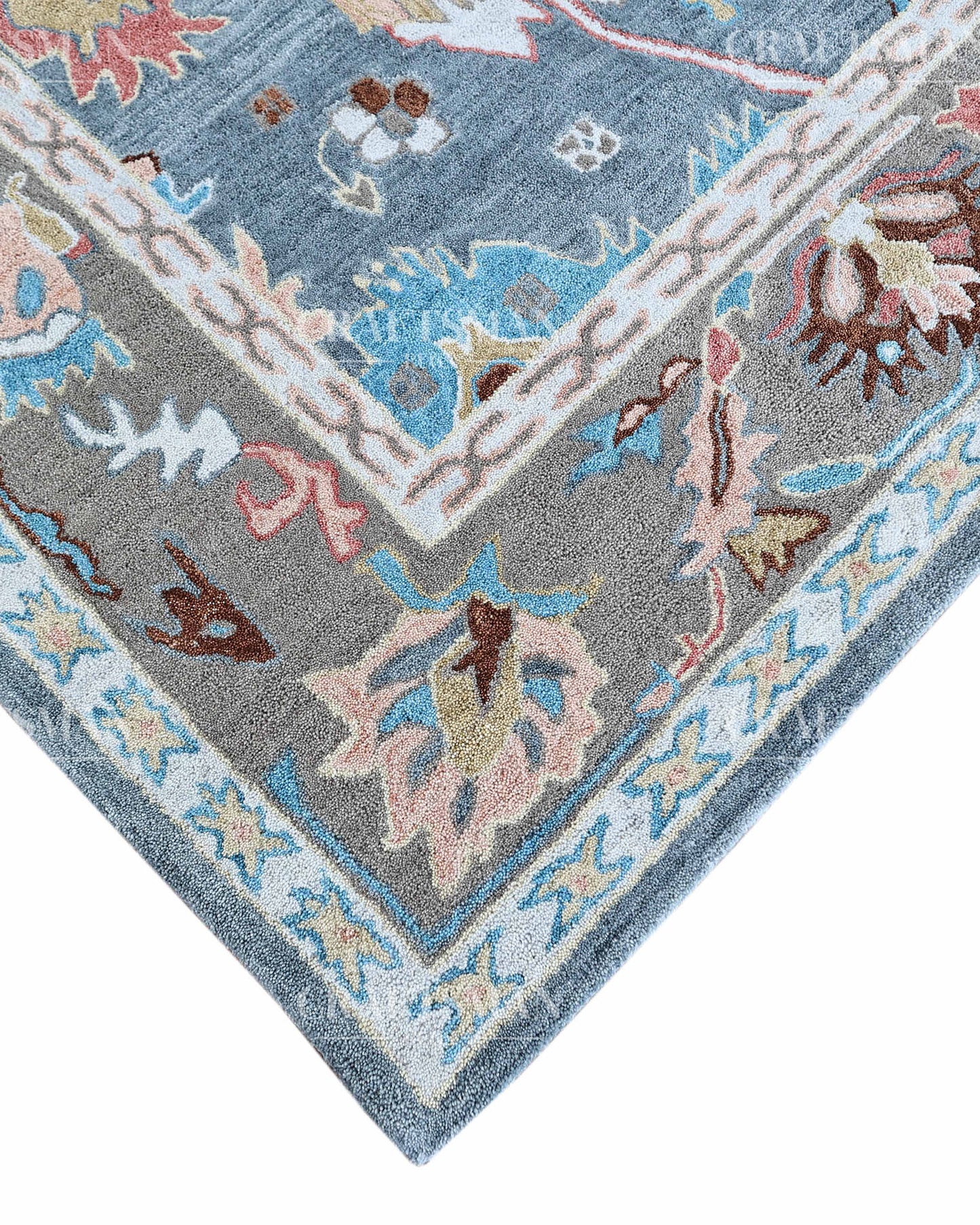Oushak Inspired Hand Tufted Wool Rug – Slate Blue & Grey Floral Design