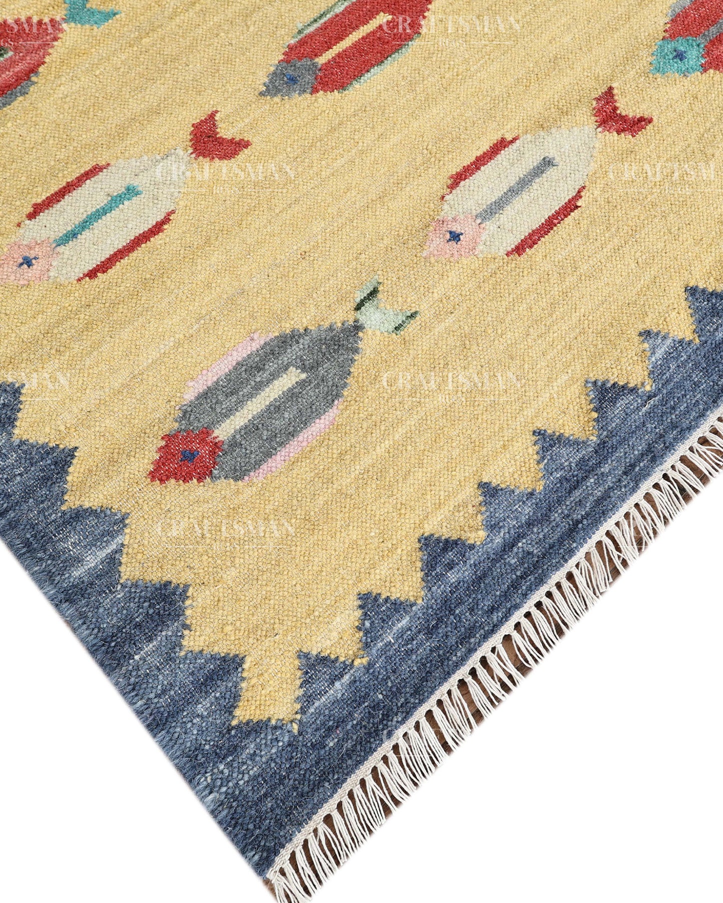 Handwoven Yellow Flatweave Dhurrie Area Rug | Handmade Wool Kilim Rug with Colorful Fish Motif | Coastal Farmhouse Boho Living Room Bedroom Carpet