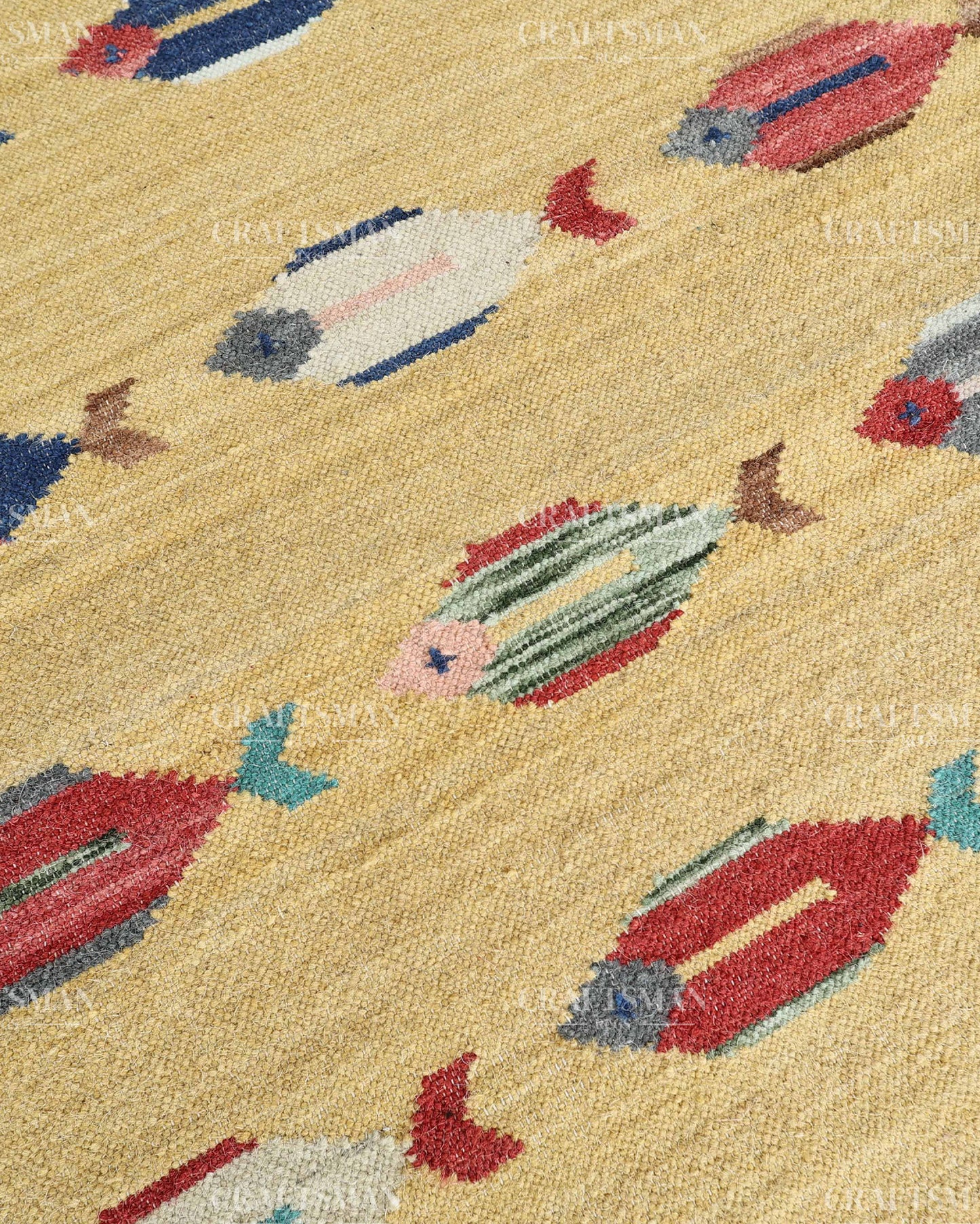 Handwoven Yellow Flatweave Dhurrie Area Rug | Handmade Wool Kilim Rug with Colorful Fish Motif | Coastal Farmhouse Boho Living Room Bedroom Carpet