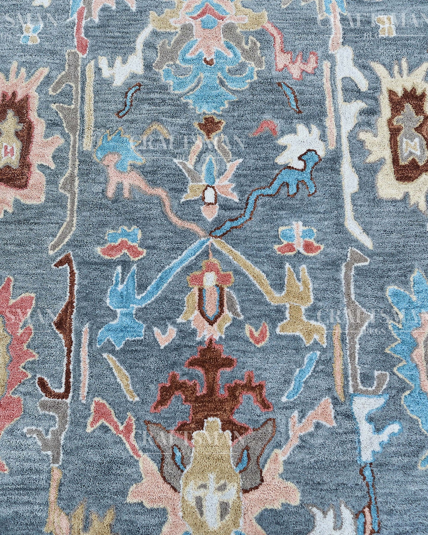 Oushak Inspired Hand Tufted Wool Rug – Slate Blue & Grey Floral Design