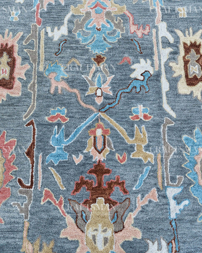 Oushak Inspired Hand Tufted Wool Rug – Slate Blue & Grey Floral Design