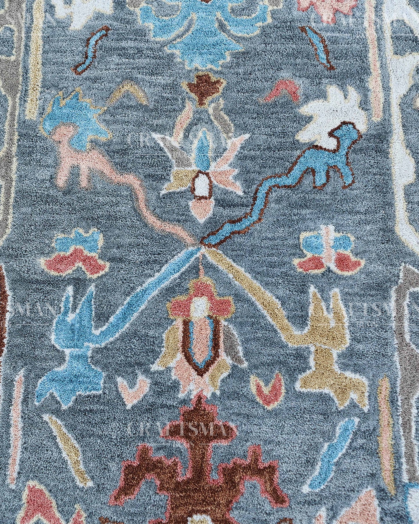 Oushak Inspired Hand Tufted Wool Rug – Slate Blue & Grey Floral Design