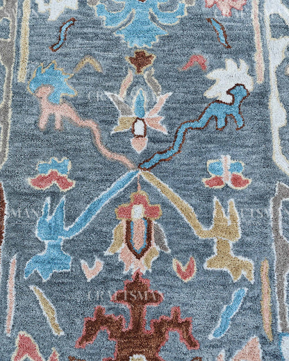 Oushak Inspired Hand Tufted Wool Rug – Slate Blue & Grey Floral Design
