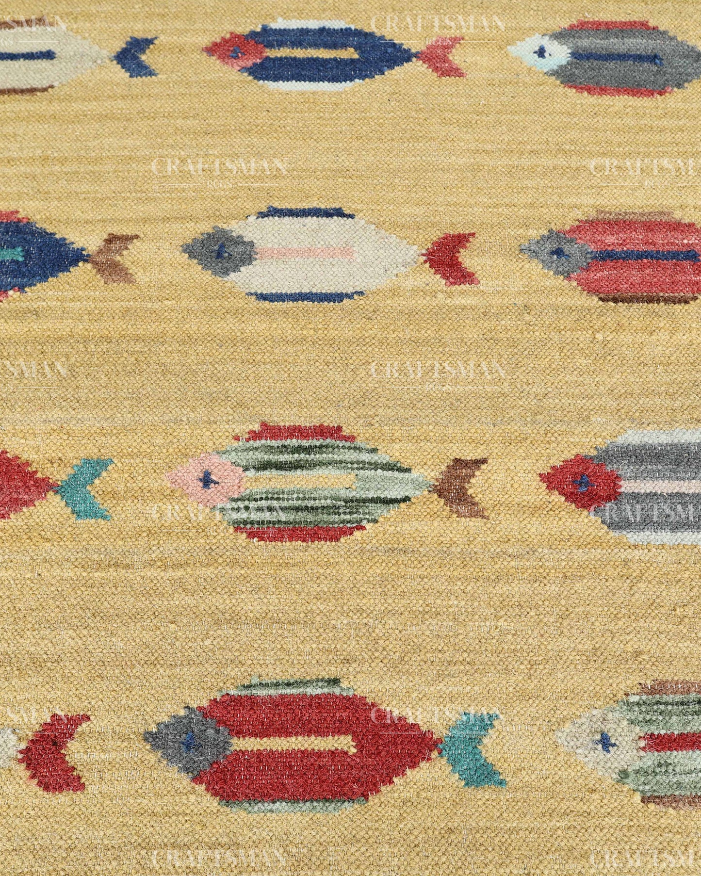 Handwoven Yellow Flatweave Dhurrie Area Rug | Handmade Wool Kilim Rug with Colorful Fish Motif | Coastal Farmhouse Boho Living Room Bedroom Carpet
