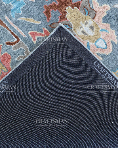 Oushak Inspired Hand Tufted Wool Rug – Slate Blue & Grey Floral Design