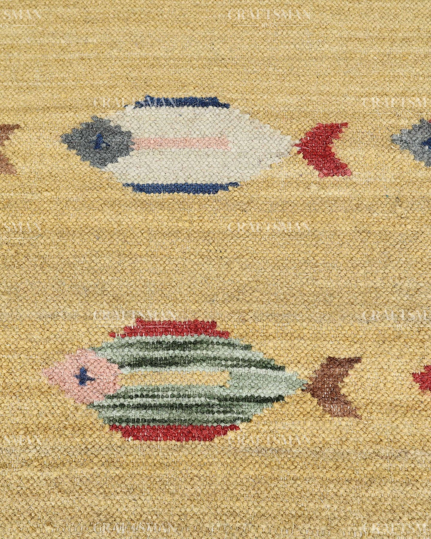 Handwoven Yellow Flatweave Dhurrie Area Rug | Handmade Wool Kilim Rug with Colorful Fish Motif | Coastal Farmhouse Boho Living Room Bedroom Carpet