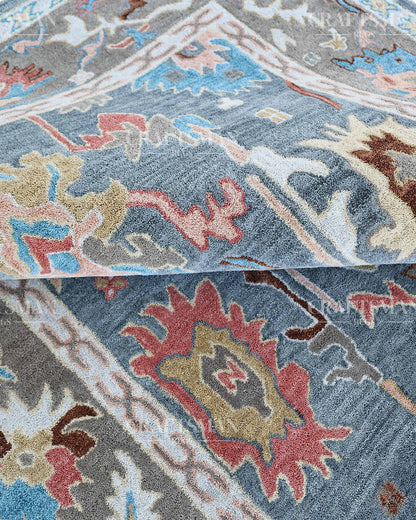 Oushak Inspired Hand Tufted Wool Rug – Slate Blue & Grey Floral Design