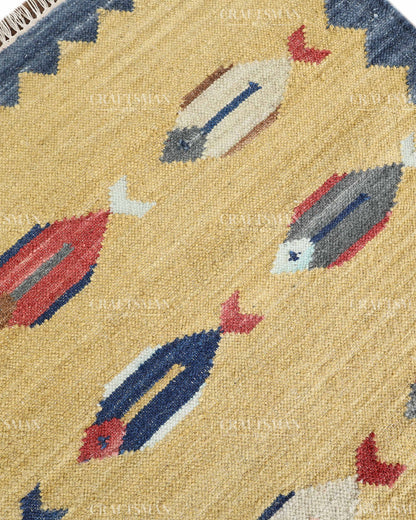 Handwoven Yellow Flatweave Dhurrie Area Rug | Handmade Wool Kilim Rug with Colorful Fish Motif | Coastal Farmhouse Boho Living Room Bedroom Carpet