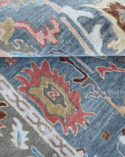 Oushak Inspired Hand Tufted Wool Rug – Slate Blue & Grey Floral Design