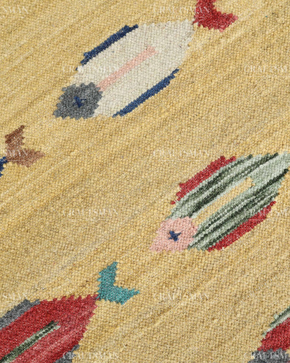 Handwoven Yellow Flatweave Dhurrie Area Rug | Handmade Wool Kilim Rug with Colorful Fish Motif | Coastal Farmhouse Boho Living Room Bedroom Carpet