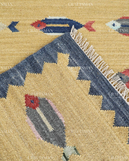 Handwoven Yellow Flatweave Dhurrie Area Rug | Handmade Wool Kilim Rug with Colorful Fish Motif | Coastal Farmhouse Boho Living Room Bedroom Carpet