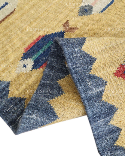 Handmade Fish Motif Flatweave Dhurrie Rug – Coastal Boho Cotton Area Rug, Tribal Kilim Style Handmade Woven Carpet for Living Room Bedroom Entryway