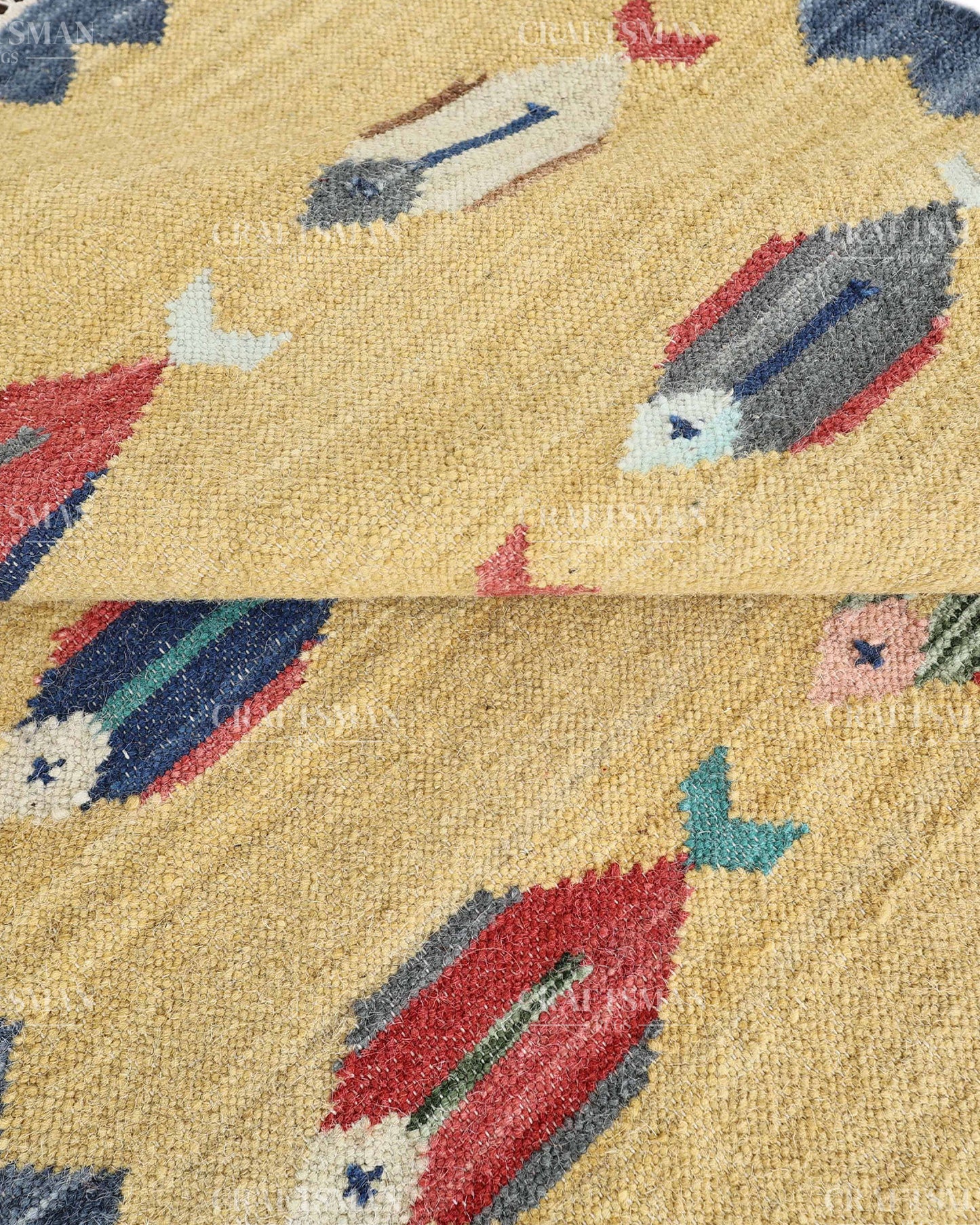 Handmade Fish Motif Flatweave Dhurrie Rug – Coastal Boho Cotton Area Rug, Tribal Kilim Style Handmade Woven Carpet for Living Room Bedroom Entryway