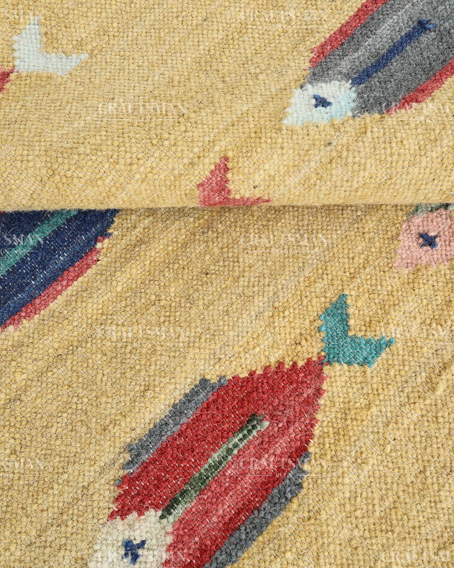 Handmade Fish Motif Flatweave Dhurrie Rug – Coastal Boho Cotton Area Rug, Tribal Kilim Style Handmade Woven Carpet for Living Room Bedroom Entryway