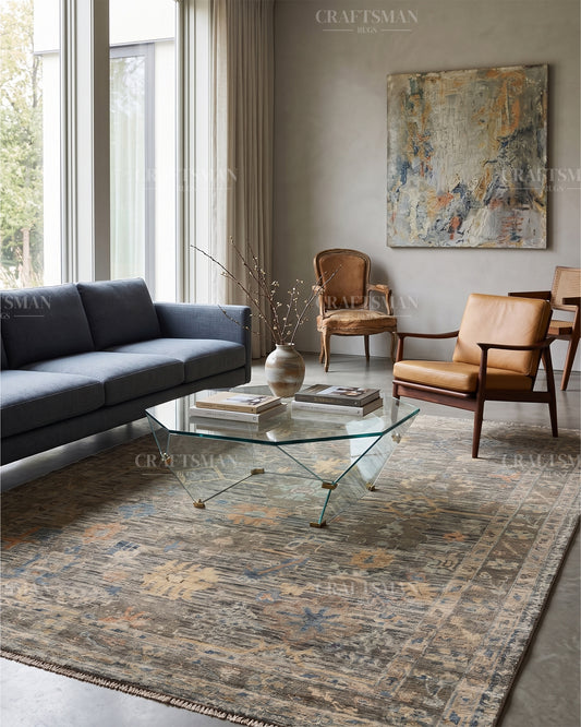 Hand Knotted Vintage Oushak Style Rug – Sage Green Floral Multicolor Wool Area Rug