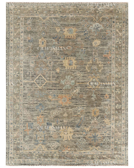 Hand Knotted Vintage Oushak Style Rug – Sage Green Floral Multicolor Wool Area Rug