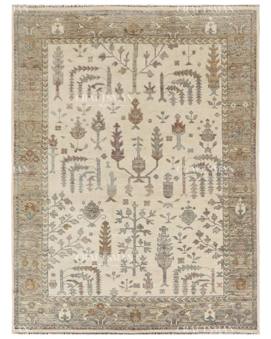 Hand Knotted Vintage Oriental Rug – Ivory Cream Botanical Floral Traditional Area Rug