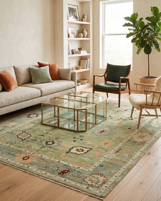 Hand Knotted Vintage Oushak Style Rug – Sage Green Floral Multicolor Wool Area Rug
