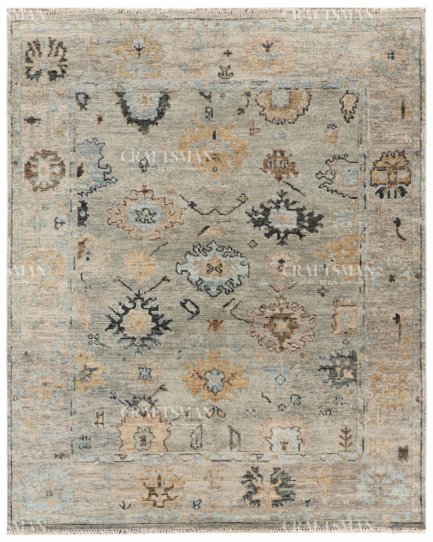 Hand Knotted Vintage Oushak Style Rug – Blue Gray Floral Distressed Wool Area Rug
