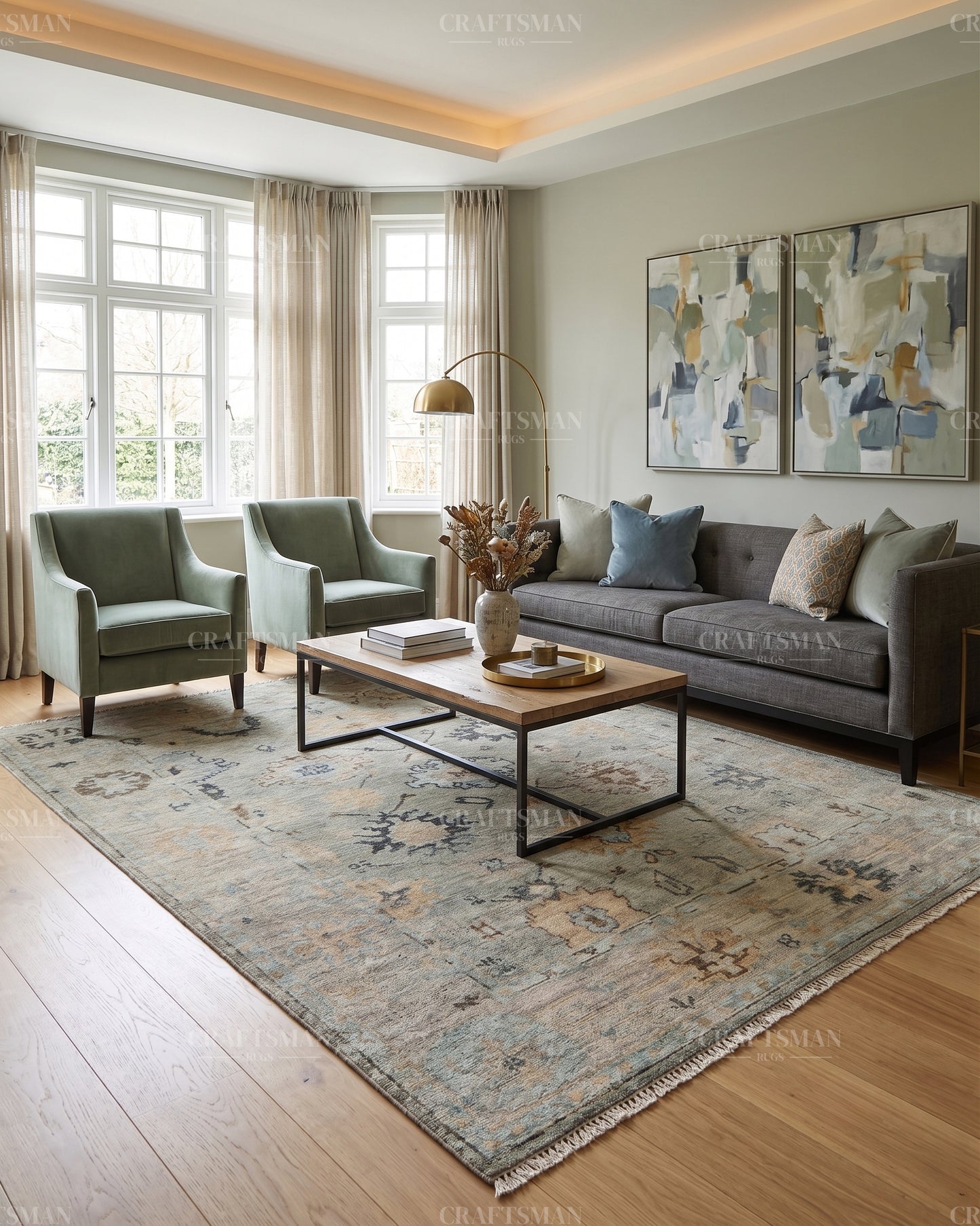 Hand Knotted Vintage Oushak Style Rug – Blue Gray Floral Distressed Wool Area Rug