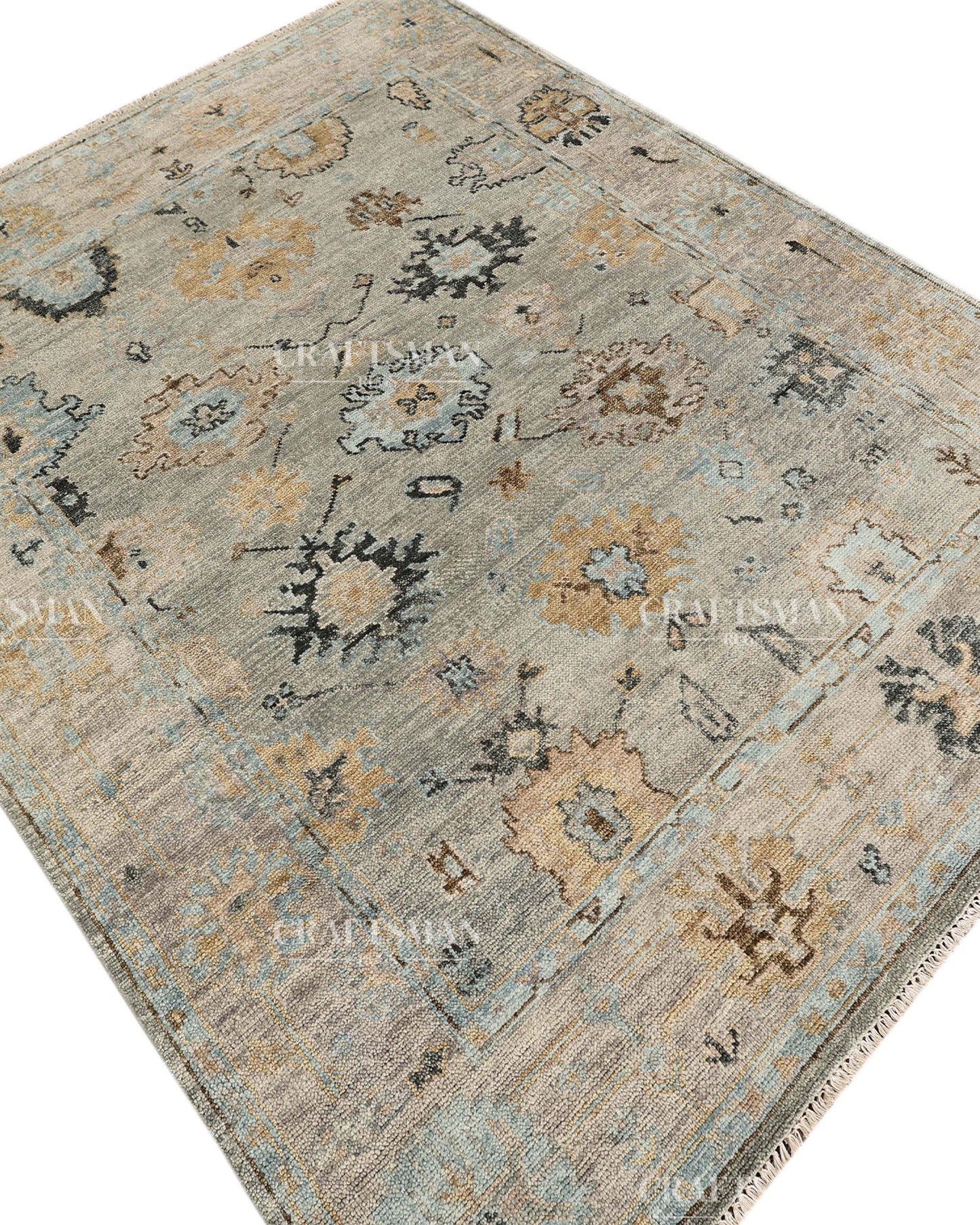 Hand Knotted Vintage Oushak Style Rug – Blue Gray Floral Distressed Wool Area Rug