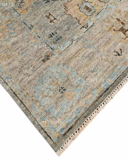 Hand Knotted Vintage Oushak Style Rug – Blue Gray Floral Distressed Wool Area Rug