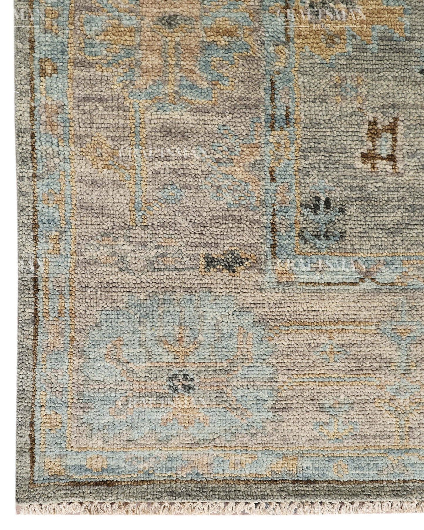 Hand Knotted Vintage Oushak Style Rug – Blue Gray Floral Distressed Wool Area Rug