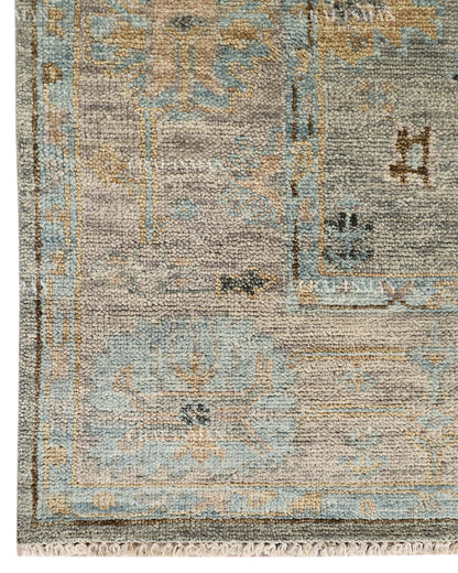 Hand Knotted Vintage Oushak Style Rug – Blue Gray Floral Distressed Wool Area Rug