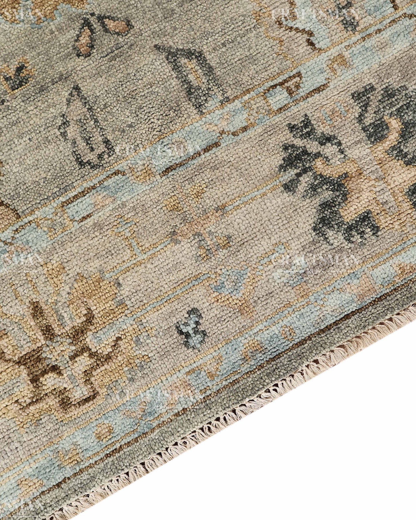 Hand Knotted Vintage Oushak Style Rug – Blue Gray Floral Distressed Wool Area Rug