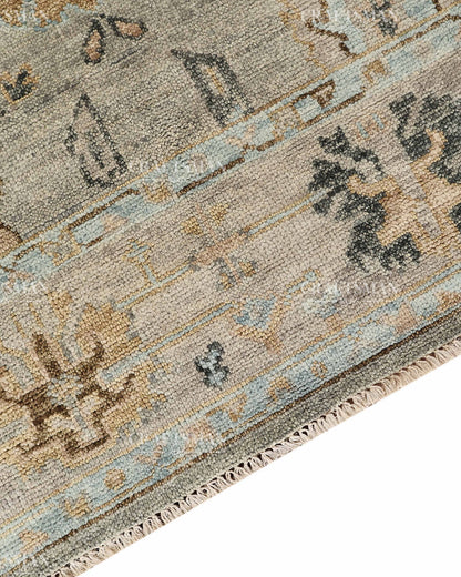 Hand Knotted Vintage Oushak Style Rug – Blue Gray Floral Distressed Wool Area Rug