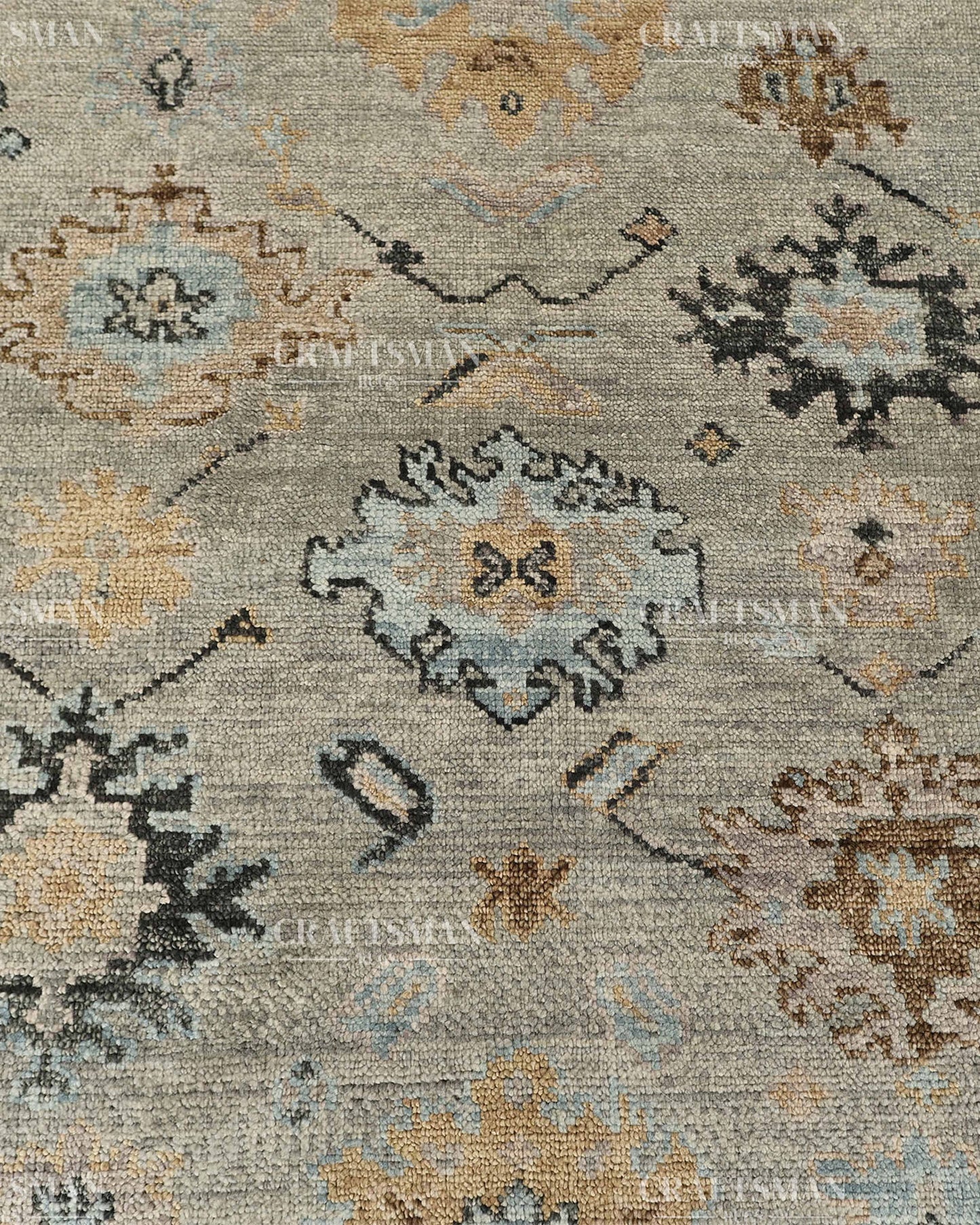 Hand Knotted Vintage Oushak Style Rug – Blue Gray Floral Distressed Wool Area Rug