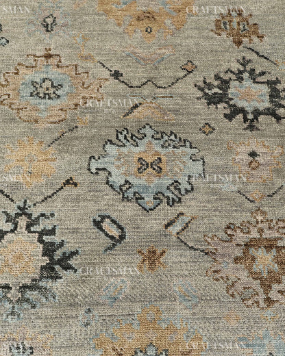 Hand Knotted Vintage Oushak Style Rug – Blue Gray Floral Distressed Wool Area Rug