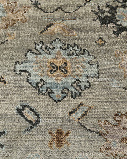Hand Knotted Vintage Oushak Style Rug – Blue Gray Floral Distressed Wool Area Rug