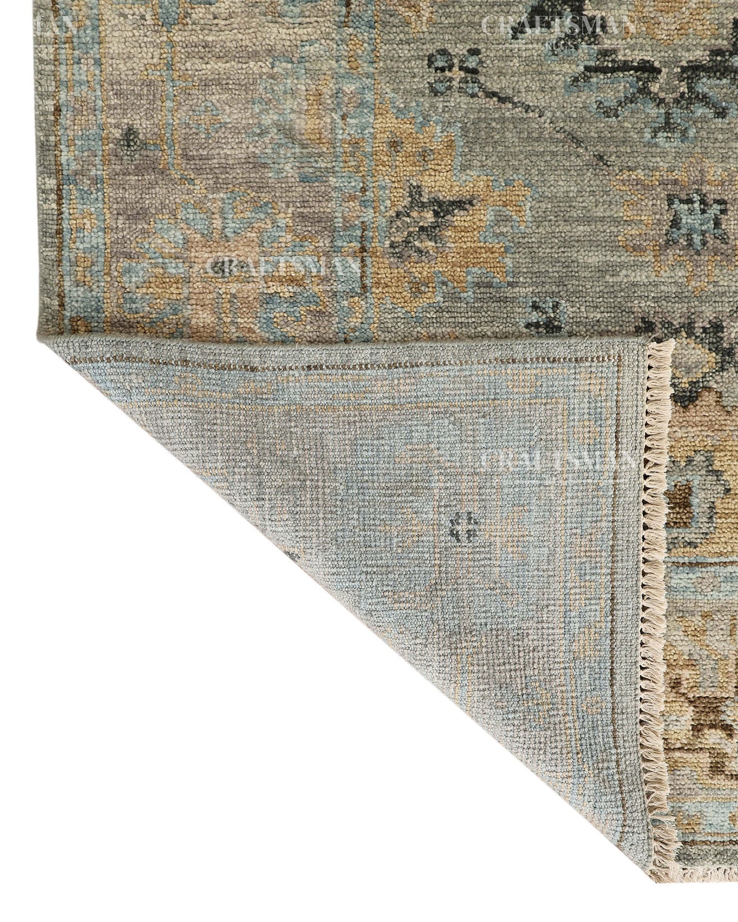 Hand Knotted Vintage Oushak Style Rug – Blue Gray Floral Distressed Wool Area Rug