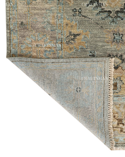 Hand Knotted Vintage Oushak Style Rug – Blue Gray Floral Distressed Wool Area Rug