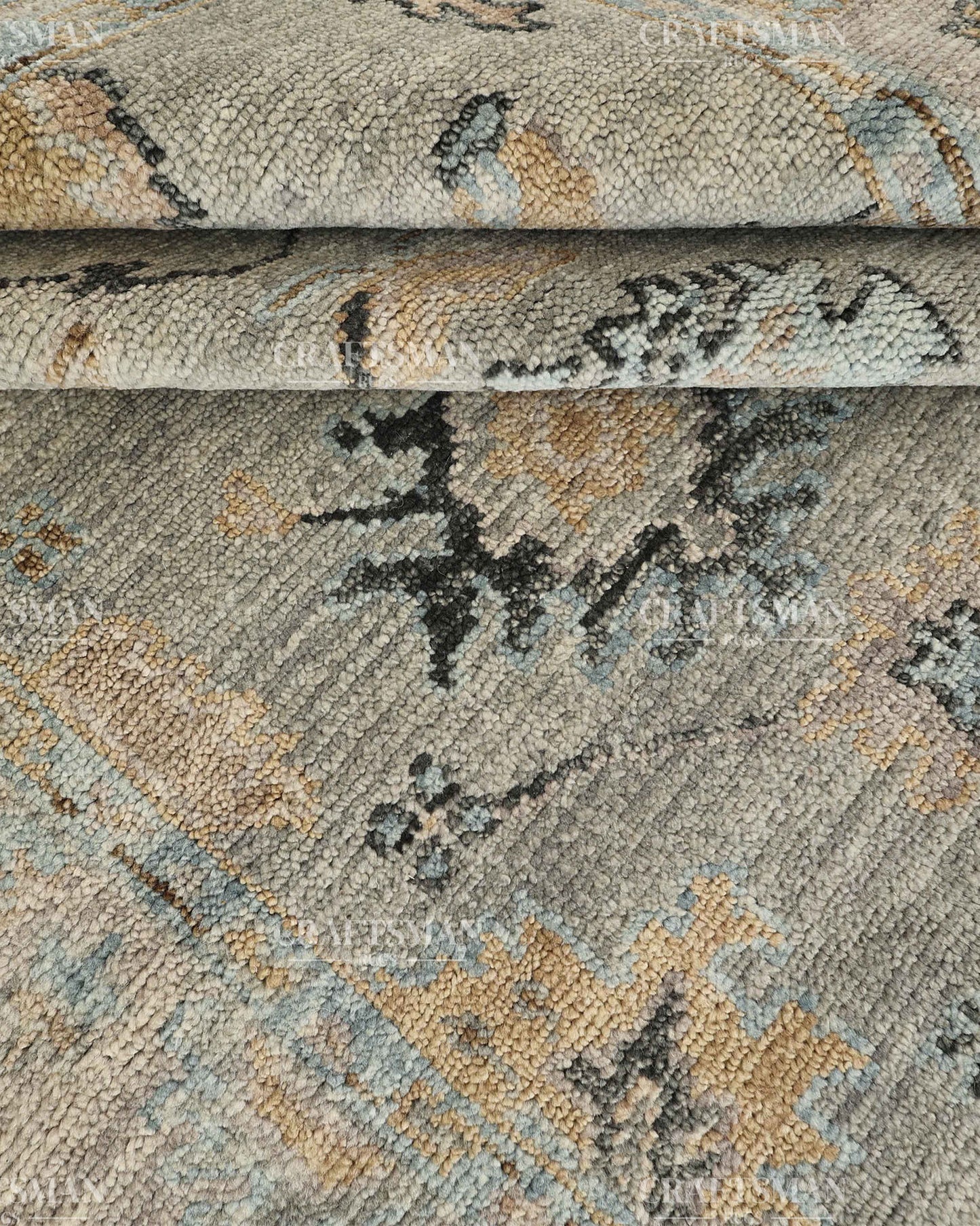 Hand Knotted Vintage Oushak Style Rug – Blue Gray Floral Distressed Wool Area Rug