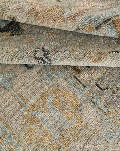 Hand Knotted Vintage Oushak Style Rug – Blue Gray Floral Distressed Wool Area Rug