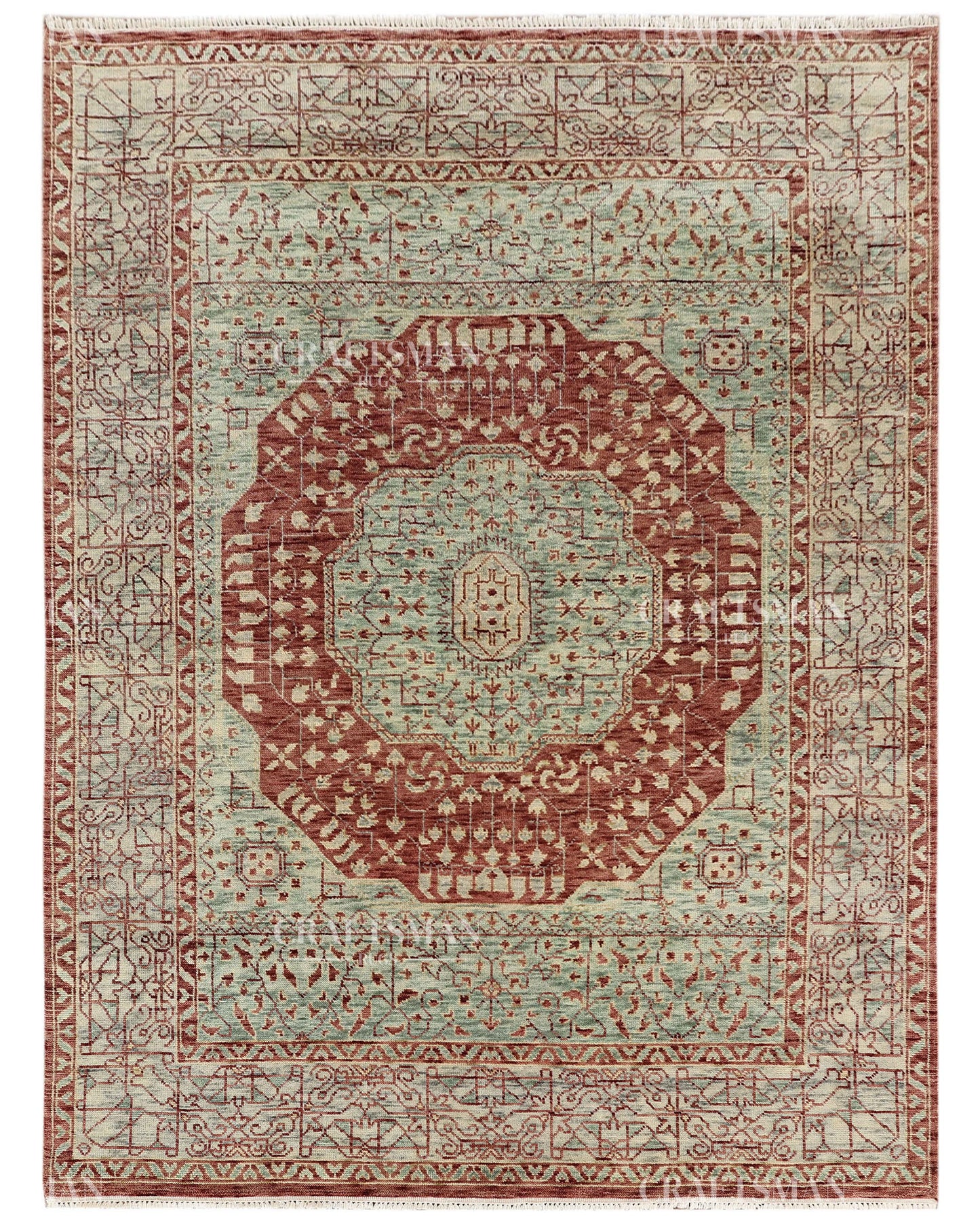 Hand Knotted Vintage Persian Style Rug – Rust Red Sage Green Medallion Wool Area Rug