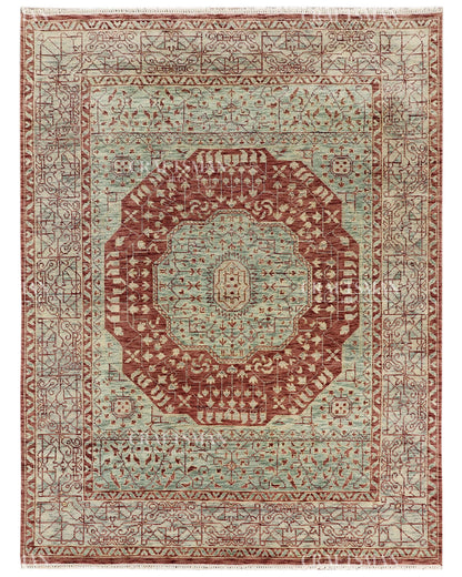 Hand Knotted Vintage Persian Style Rug – Rust Red Sage Green Medallion Wool Area Rug