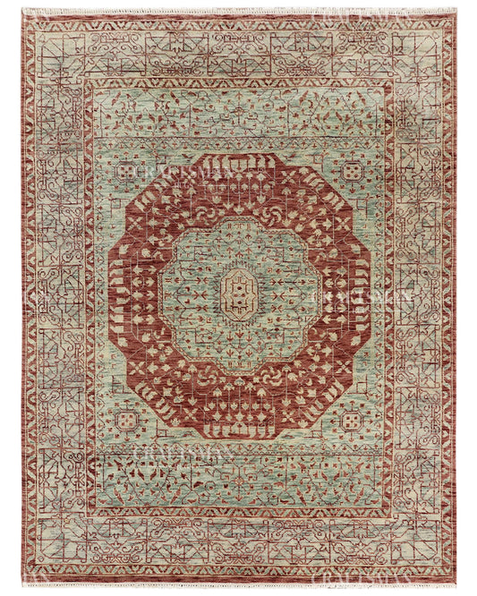 Hand Knotted Vintage Persian Style Rug – Rust Red Sage Green Medallion Wool Area Rug
