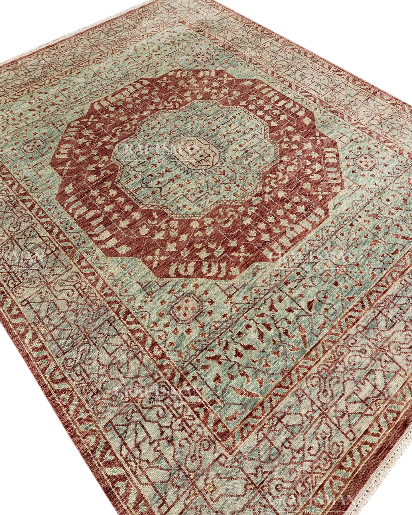Hand Knotted Vintage Persian Style Rug – Rust Red Sage Green Medallion Wool Area Rug